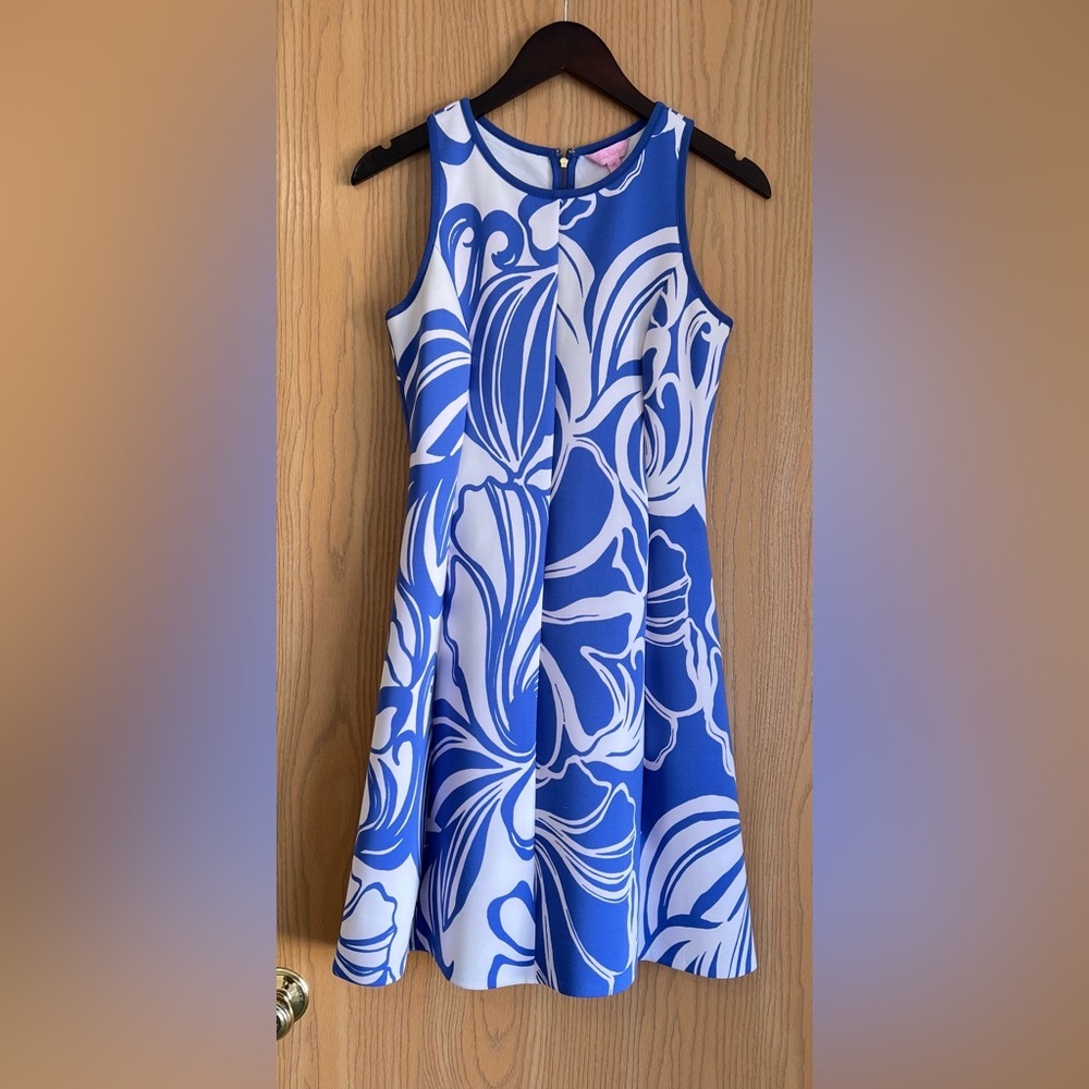 Lilly Pulitzer | SZ M | Cove Dress Sleeveless Fit Flare Iris Blue White Ocean
